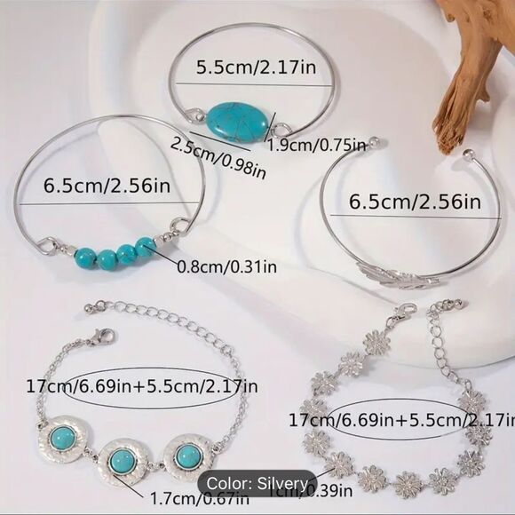 Beautiful set of 5 silver and turquoise jewelry. Accent and‎ mix and match. NEW. - Picture 2 of 7